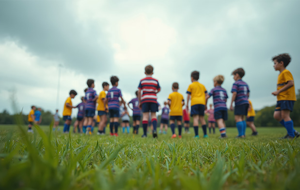 young boy running with rugby ball in a sports field focused on team play and sportsmanship